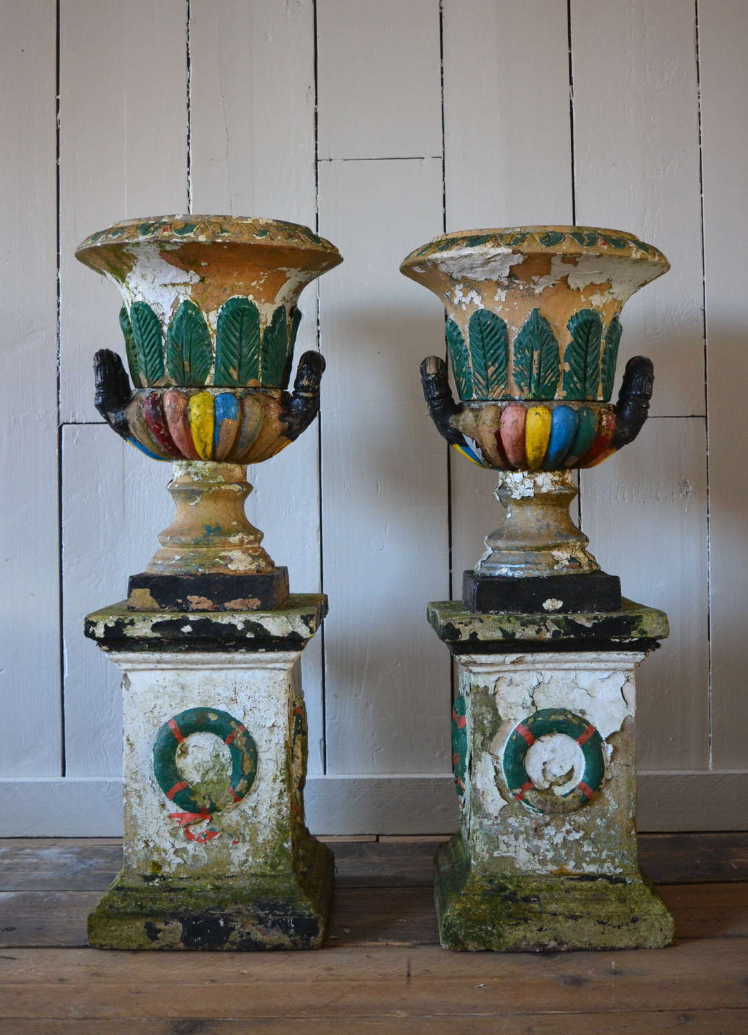 NAPOLEAN 3RD COADE STONE PAINTED URNS CIRCA 1860