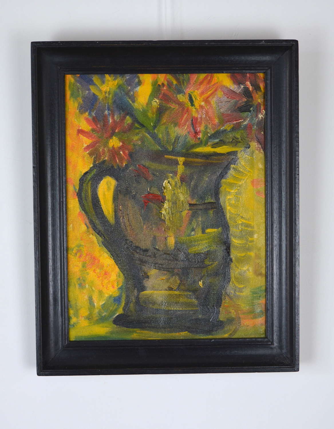 FRENCH MID 20TH CENTURY OIL ON CANVAS STUDY OF DAHLIAS AND PITCHER